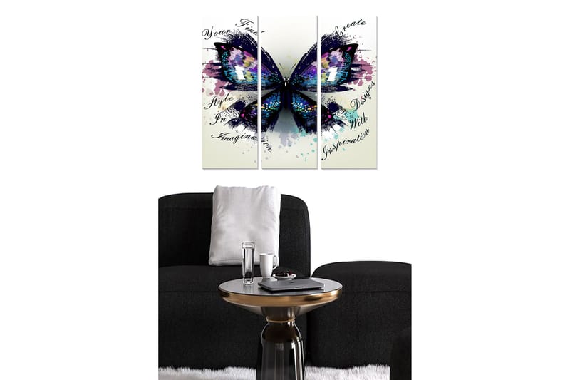 Canvastavla i trä 3-delar 50x70 cm - Färgglad fjäril med abstrakta inslag - Lila / Blå / Svart - Inredning - Tavlor & konst - Canvastavlor