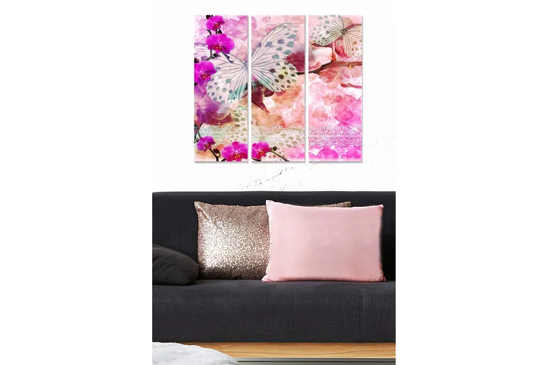 Canvastavla i trä 3-delar 50x70 cm - Färgglad fjäril omgiven av orkidéer och abstrakta former - Lila / Rosa / Vit - Inredning - Tavlor & konst - Canvastavlor