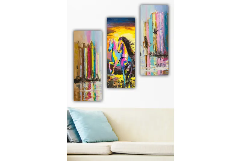 Canvastavla i trä 3-delar 50x70 cm - Färgglad häst i rörelse framför abstrakta pelare, Rosa / Gult / Blått