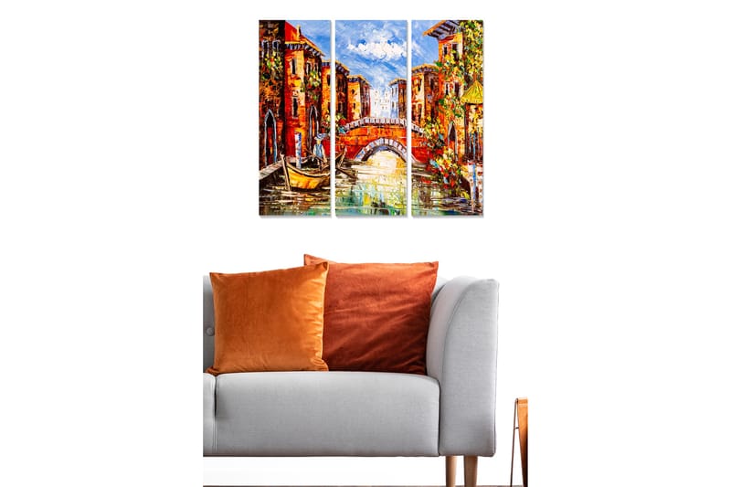 Canvastavla i trä 3-delar 50x70 cm - Färgglad kanal med byggnader och en båt, Röd / Grön / Blå
