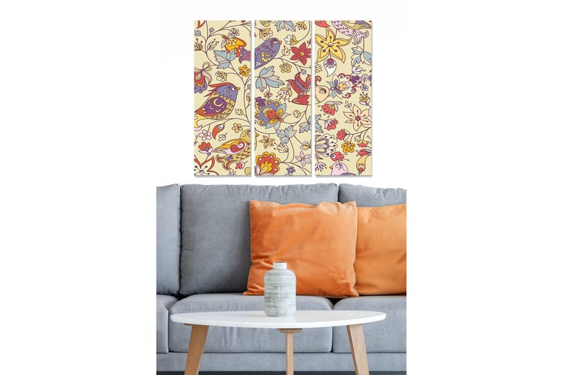 Canvastavla i trä 3-delar 50x70 cm - Färgglad komposition av blommor och fåglar, Ljusgul / Röd / Blå