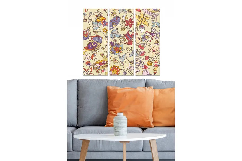 Canvastavla i trä 3-delar 50x70 cm - Färgglad komposition av blommor och fåglar, Ljusgul / Röd / Blå