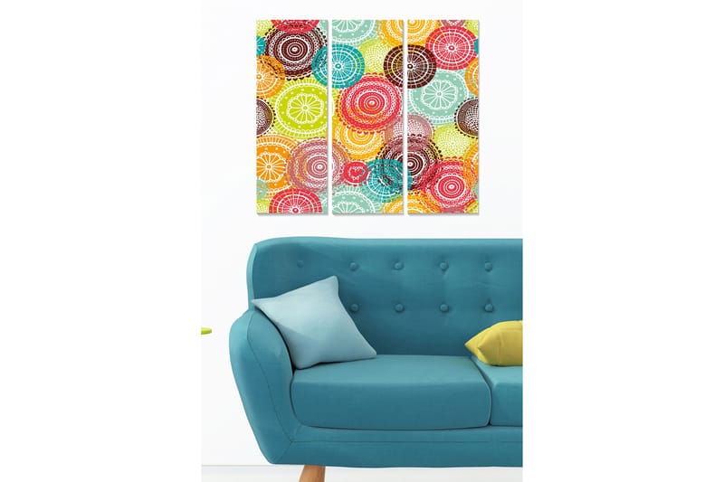 Canvastavla i trä 3-delar 50x70 cm - Färgglad komposition av cirklar och mönster - Röd / Grön / Turkos - Inredning - Tavlor & konst - Canvastavlor