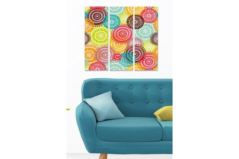 Canvastavla i trä 3-delar 50x70 cm - Färgglad komposition av cirklar och mönster, Röd / Grön / Turkos