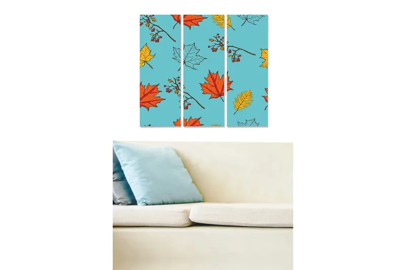 Canvastavla i trä 3-delar 50x70 cm - Färgglad komposition av höstlöv på blå bakgrund - Blå / Röd / Gul - Inredning - Tavlor & konst - Canvastavlor