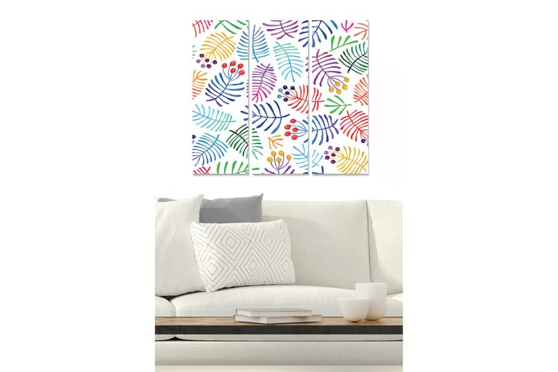 Canvastavla i trä 3-delar 50x70 cm - Färgglad komposition av löv och bär, Grön / Röd / Lila