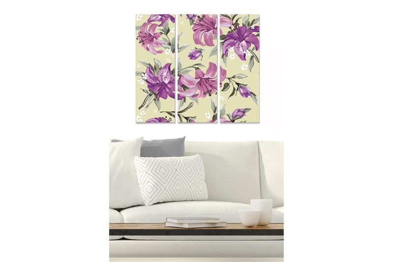 Canvastavla i trä 3-delar 50x70 cm - Färgglad komposition av liljor i olika nyanser - Lila / Grön / Beige - Inredning - Tavlor & konst - Canvastavlor