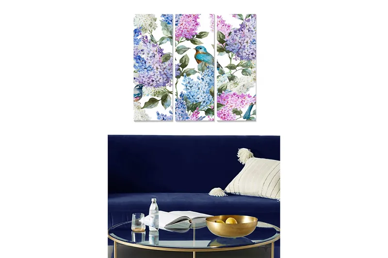 Canvastavla i trä 3-delar 50x70 cm - Färgglad komposition av syrener och fåglar, Lila / Blå / Grön