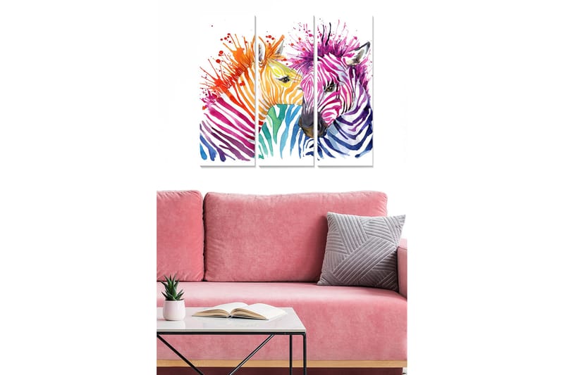 Canvastavla i tr ä 3-delar 50x70 cm - Färgglad komposition av zebror med abstrakta mönster, Lila / Orange / Grön