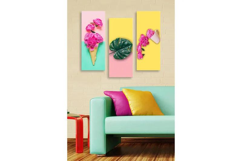 Canvastavla i trä 3-delar 50x70 cm - Färgglad komposition med blommor och blad i en glasskon som sträcker sig över tre paneler - Rosa / Grön / Gul - Inredning - Tavlor & konst - Canvastavlor