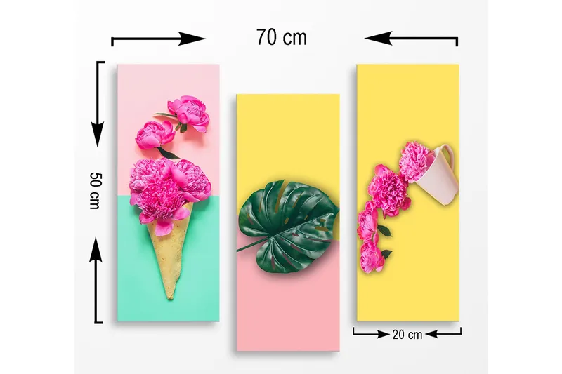 Canvastavla i trä 3-delar 50x70 cm - Färgglad komposition med blommor och blad i en glasskon som sträcker sig över tre paneler - Rosa / Grön / Gul - Inredning - Tavlor & konst - Canvastavlor