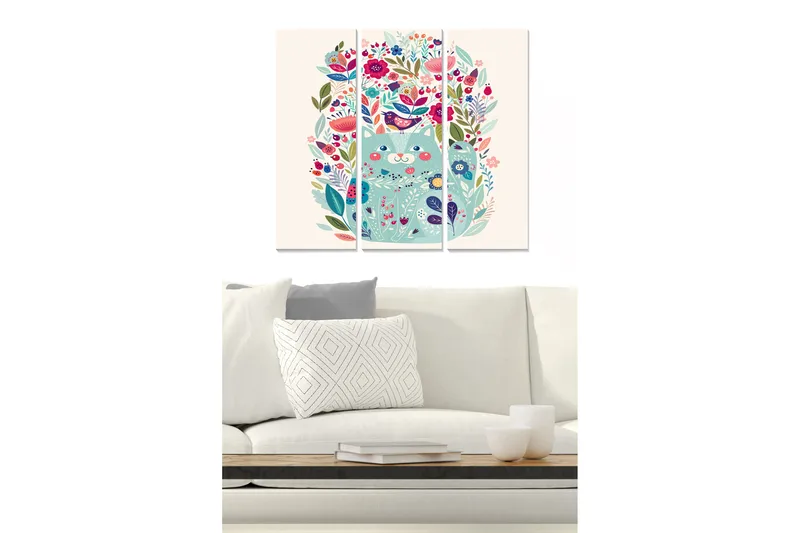 Canvastavla i trä 3-delar 50x70 cm - Färgglad komposition med blommor och fåglar - Grön / Rosa / Blå - Inredning - Tavlor & konst - Canvastavlor