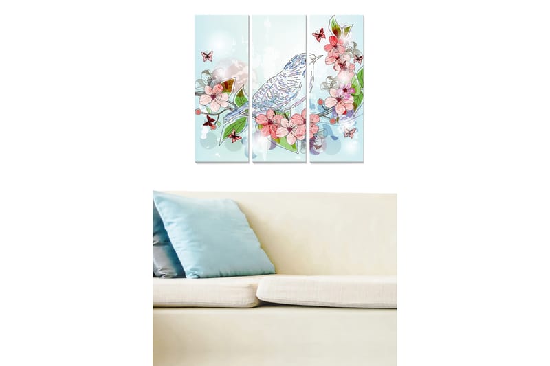 Canvastavla i trä 3-delar 50x70 cm - Färgglad komposition med fågel och blommor, Ljusblå / Rosa / Grön