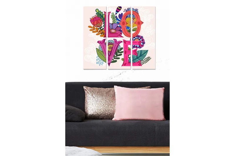 Canvastavla i trä 3-delar 50x70 cm - Färgglad komposition med ordet LOVE omgiven av blommor och blad, Rosa / Grön / Lila