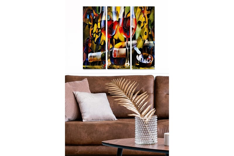 Canvastavla i trä 3-delar 50x70 cm - Färgglad komposition med vin och musikaliska inslag, Röd / Gul / Grön