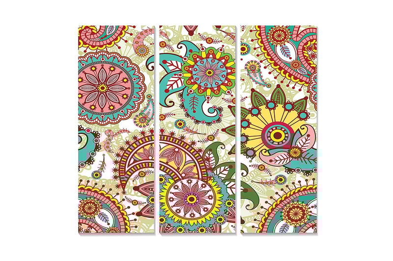 Canvastavla i trä 3-delar 50x70 cm - Färgglad mandala med blommor och spiraler, Röd / Grön / Gul