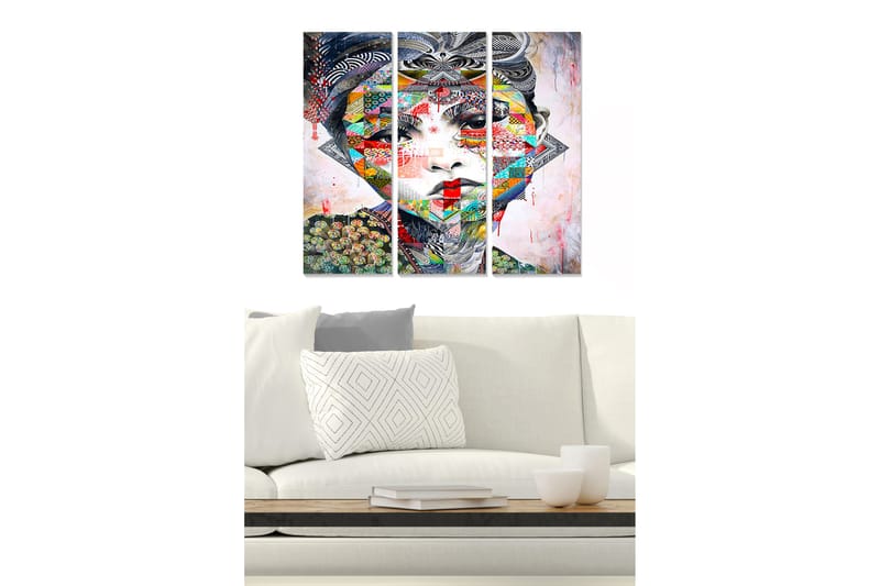 Canvastavla i trä 3-delar 50x70 cm - Färgglad och geometrisk porträtt av en kvinna, Röd / Grön / Blå