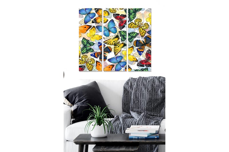 Canvastavla i trä 3-delar 50x70 cm - Färgglad samling av fjärilar, Blå / Gul / Röd