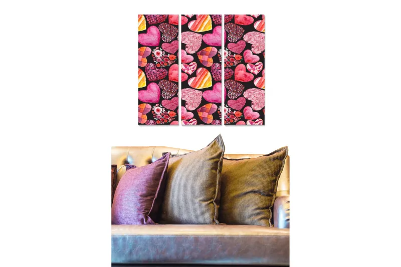 Canvastavla i trä 3-delar 50x70 cm - Färgglad samling av hjärtan och blommor, Rosa / Röd / Lila