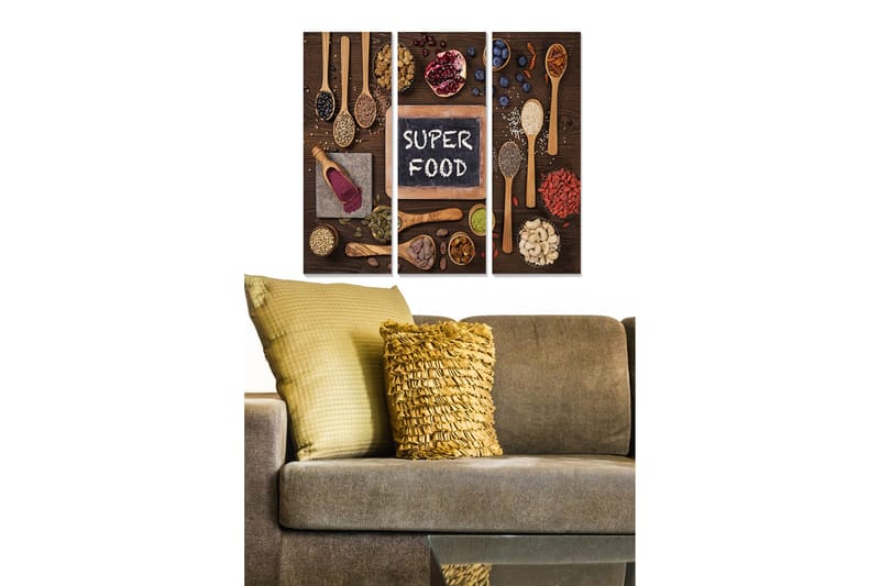 Canvastavla i trä 3-delar 50x70 cm - Färgglad samling av superfoods och kryddor på en träyta, Brun / Röd / Svart