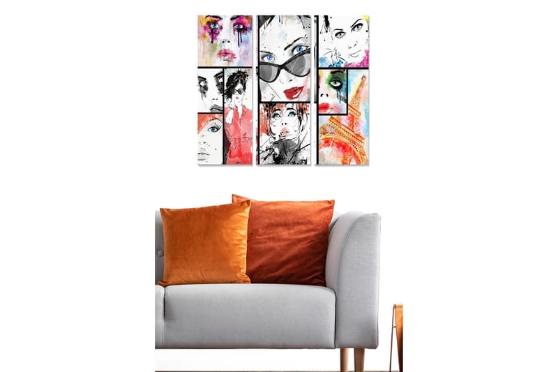 Canvastavla i trä 3-delar 50x70 cm - Färgglad sammansättning av ansikten med modeinspiration - Röd / Svart / Blå - Inredning - Tavlor & konst - Canvastavlor