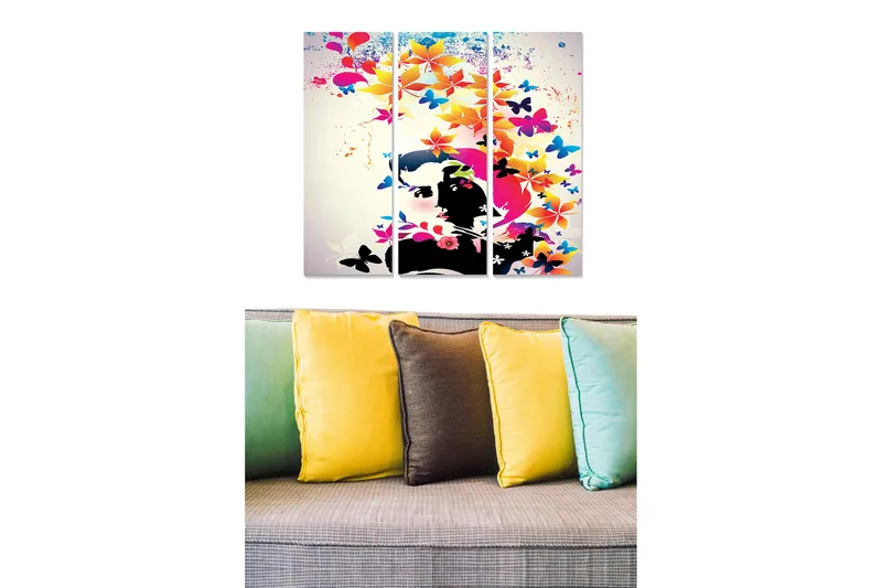 Canvastavla i trä 3-delar 50x70 cm - Färgglad sammansättning av fjärilar och blommor i en stiliserad porträttform, Rosa / Blå / Svart