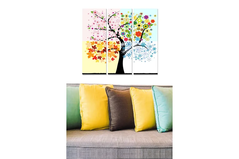Canvastavla i trä 3-delar 50x70 cm - Färgglad trädkonst med blommor och löv i olika säsonger - Rosa / Gult / Blått - Inredning - Tavlor & konst - Canvastavlor