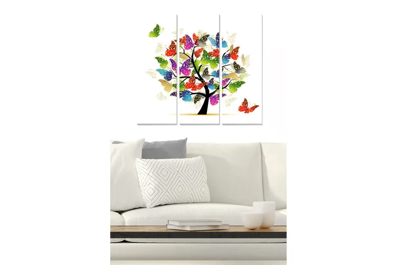Canvastavla i trä 3-delar 50x70 cm - Färgglad trädkonstruktion med fjärilar som sväva runt, Grön / Röd / Blå