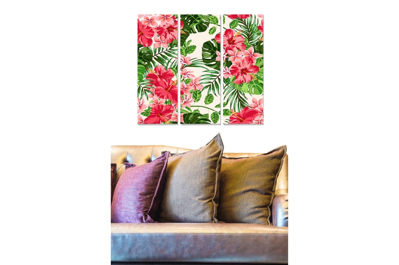 Canvastavla i trä 3-delar 50x70 cm - Färgglad tropisk blommor och bladkomposition - Rosa / Grön / Beige - Inredning - Tavlor & konst - Canvastavlor