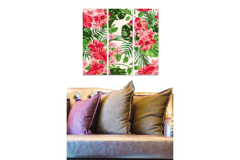 Canvastavla i trä 3-delar 50x70 cm - Färgglad tropisk blommor och bladkomposition - Rosa / Grön / Beige - Inredning - Tavlor & konst - Canvastavlor