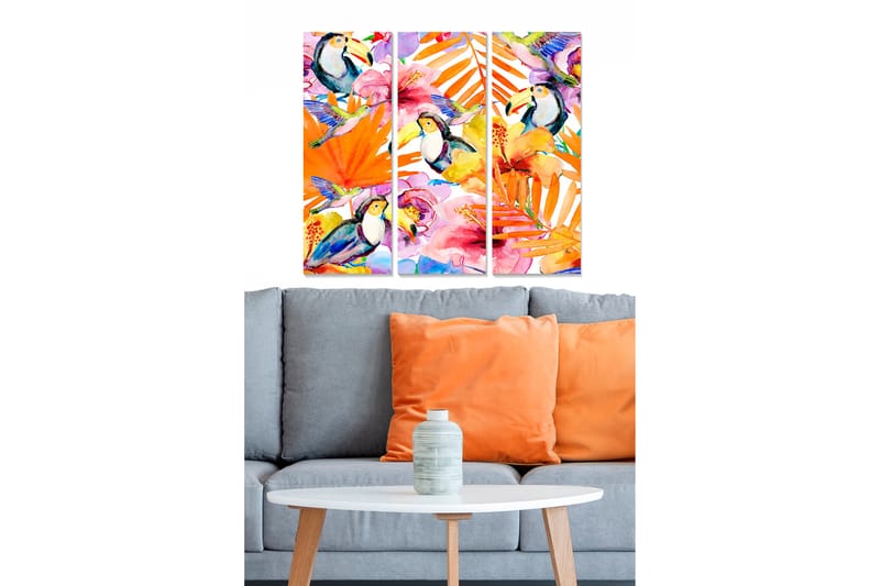 Canvastavla i trä 3-delar 50x70 cm - Färgglad tropisk komposition med tukaner och blommor - Orange / Grön / Rosa - Inredning - Tavlor & konst - Canvastavlor
