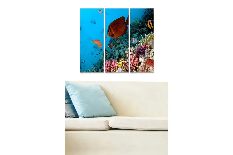 Canvastavla i trä 3-delar 50x70 cm - Färgglad undervattensscen med korallrev och simmande fiskar, Blå / Orange / Rosa