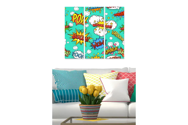 Canvastavla i trä 3-delar 50x70 cm - Färgglad popkonst med ljudord och explosioner, Turkos / Röd / Gul