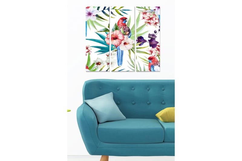 Canvastavla i trä 3-delar 50x70 cm - Färgglad papegoja omgiven av tropiska blommor och blad - Grön / Röd / Blå - Inredning - Tavlor & konst - Canvastavlor