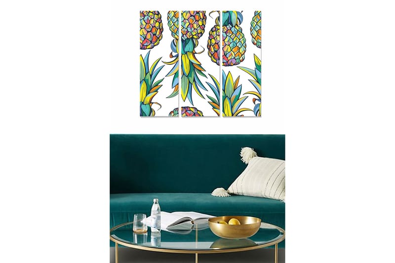 Canvastavla i trä 3-delar 50x70 cm - Färgglada ananaser med tropiska detaljer - Grön / Gul / Lila - Inredning - Tavlor & konst - Canvastavlor