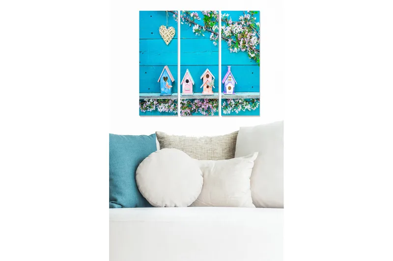 Canvastavla i trä 3-delar 50x70 cm - Färgglada fågelholkar mot en ljusblå bakgrund, Ljusblå / Rosa / Vit