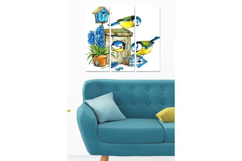 Canvastavla i trä 3-delar 50x70 cm - Färgglada fåglar vid en fågelmatare med blommor och en fågelholk - Blå / Grön / Gul - Inredning - Tavlor & konst - Canvastavlor