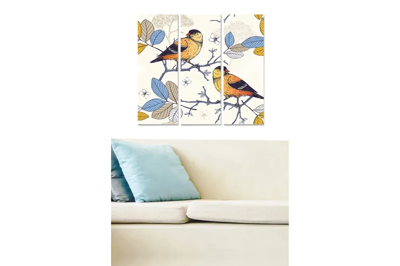 Canvastavla i trä 3-delar 50x70 cm - Färgglada fåglar på en gren omgivna av blad - Blå / Gul / Grön - Inredning - Tavlor & konst - Canvastavlor