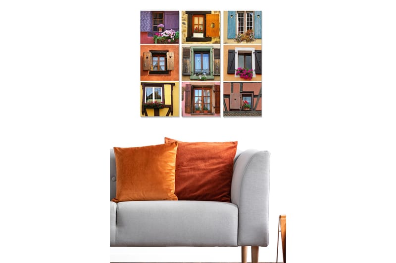 Canvastavla i trä 3-delar 50x70 cm - Färgglada fönster med blommor i olika stil och design - Lila / Orange / Grön - Inredning - Tavlor & konst - Canvastavlor