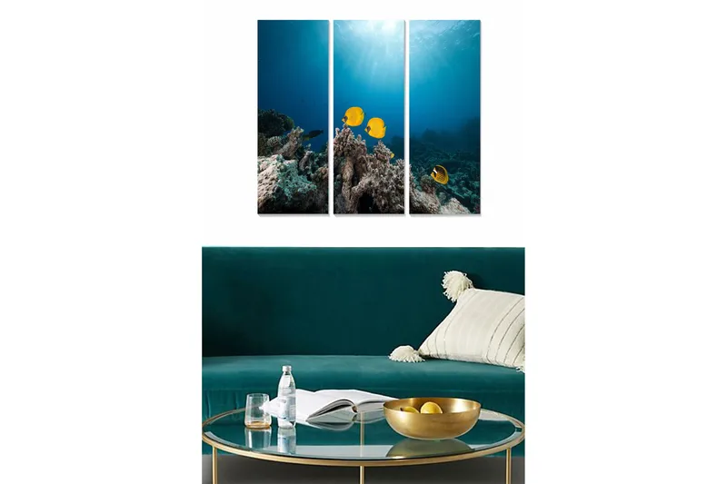 Canvastavla i trä 3-delar 50x70 cm - Färgglada fiskar simmande över korallrev, Blå / Gul / Grå