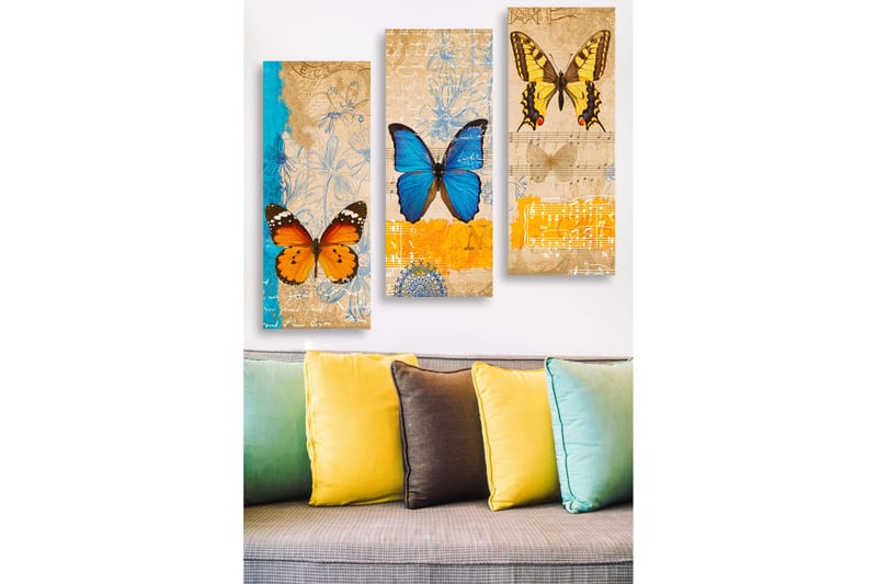 Canvastavla i trä 3-delar 50x70 cm - Färgglada fjärilar i en konstnärlig komposition - Blå / Orange / Gul - Inredning - Tavlor & konst - Canvastavlor