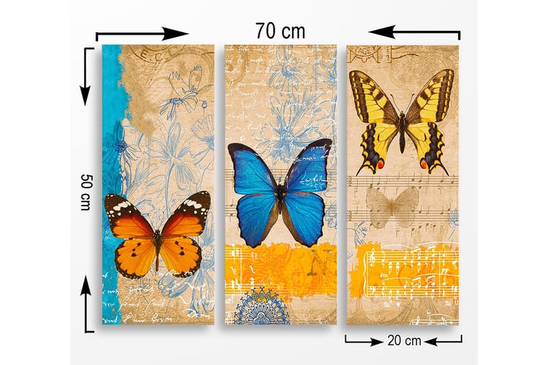 Canvastavla i trä 3-delar 50x70 cm - Färgglada fjärilar i en konstnärlig komposition - Blå / Orange / Gul - Inredning - Tavlor & konst - Canvastavlor