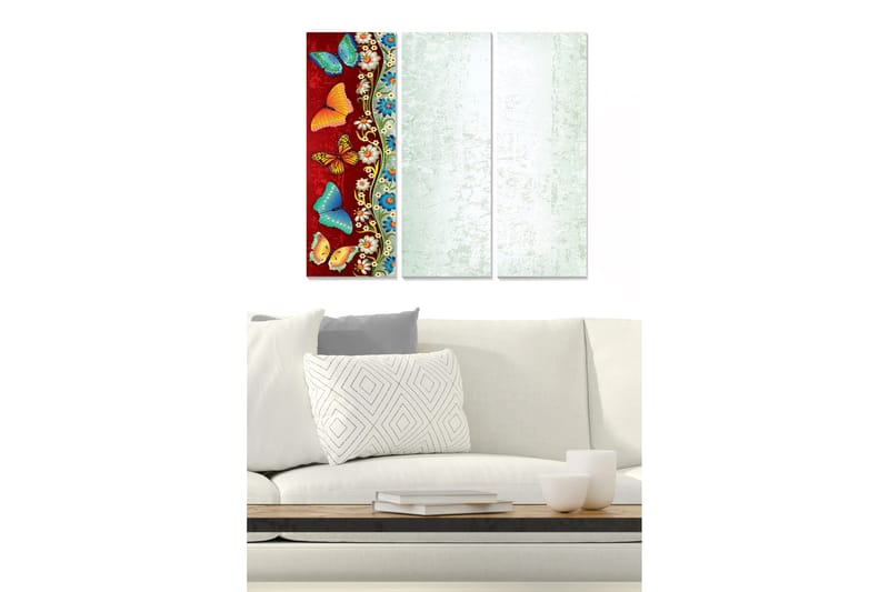 Canvastavla i trä 3-delar 50x70 cm - Färgglada fjärilar på en röd bakgrund - Röd / Blå / Orange - Inredning - Tavlor & konst - Canvastavlor
