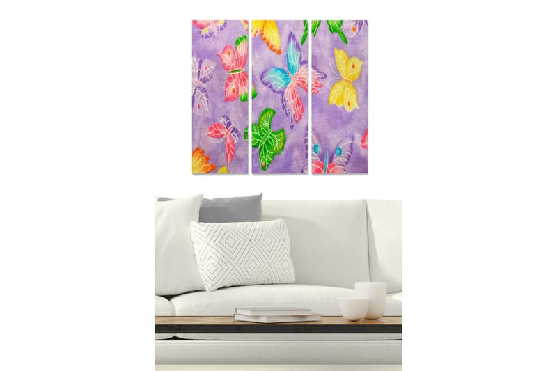 Canvastavla i trä 3-delar 50x70 cm - Färgglada fjärilar på lila bakgrund, Lila / Grön / Rosa