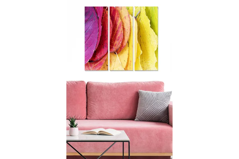 Canvastavla i trä 3-delar 50x70 cm - Färgglada höstlöv i olika nyanser, Rosa / Gul / Grön