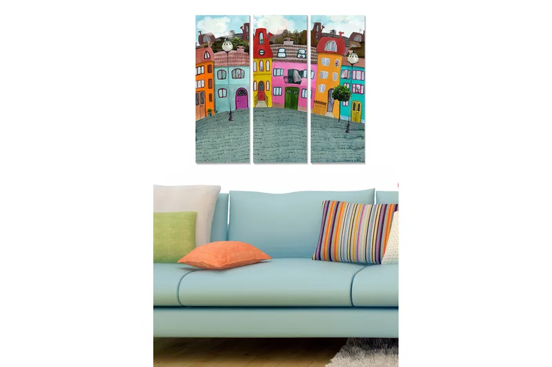 Canvastavla i trä 3-delar 50x70 cm - Färgglada hus i en stadsmiljö, Blå / Orange / Rosa
