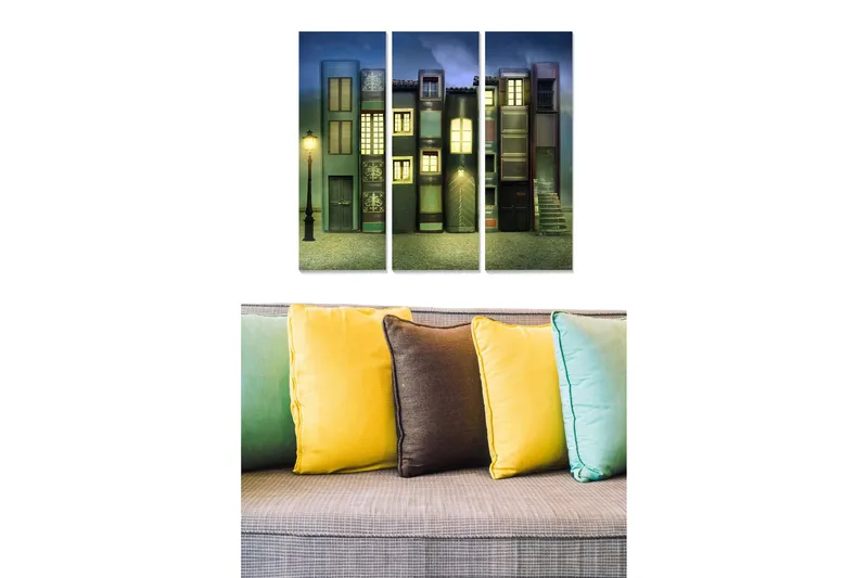 Canvastavla i trä 3-delar 50x70 cm - Färgglada hus med fönster och en gatulampa i en drömlik miljö, Mörkblå / Grön / Röd
