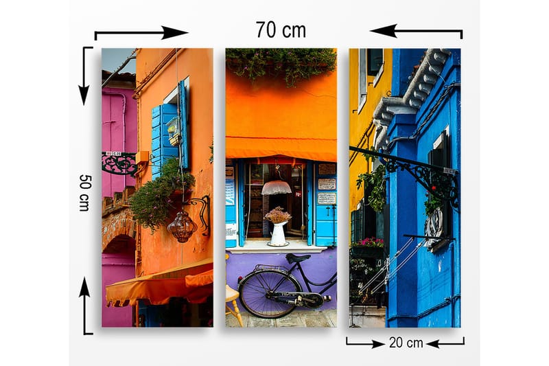 Canvastavla i trä 3-delar 50x70 cm - Färgglada husfasader med cykel och blommor - Orange / Blå / Lila - Inredning - Tavlor & konst - Canvastavlor