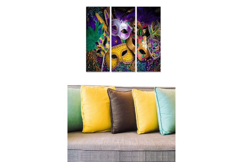 Canvastavla i trä 3-delar 50x70 cm - Färgglada masker med fjädrar och dekorationer, Lila / Guld / Grön