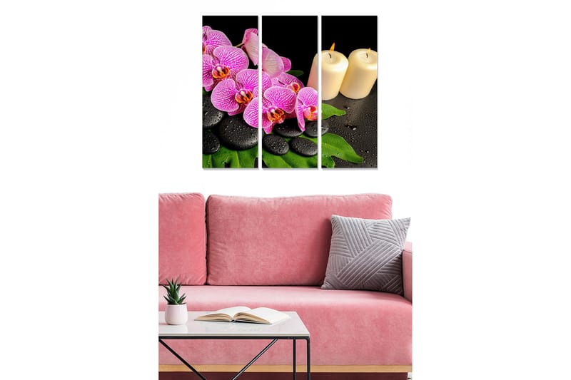 Canvastavla i trä 3-delar 50x70 cm - Färgglada orkidéer med stenar och ljus, Lila / Svart / Grön